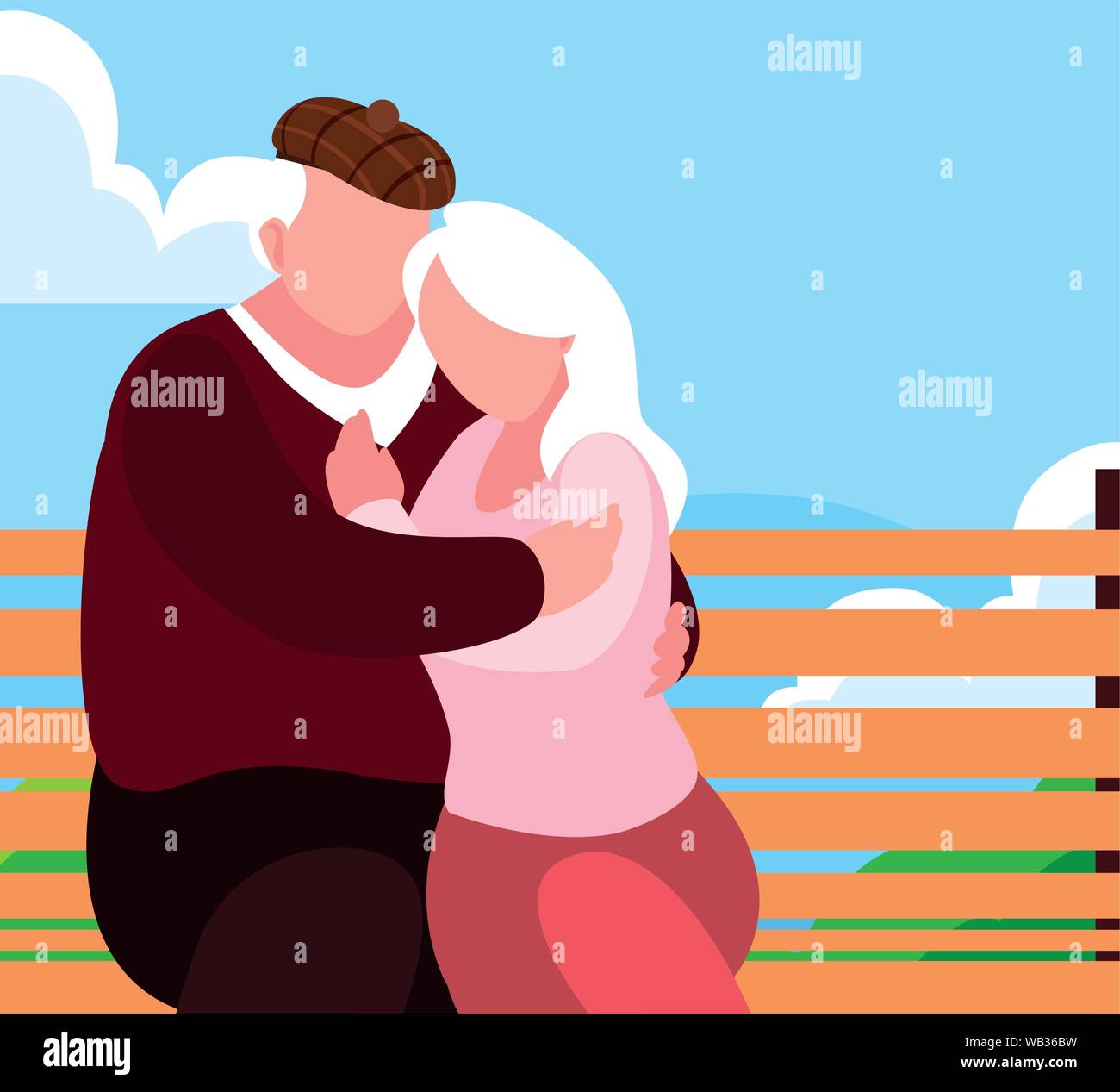 Grand-père et grand-mère assise sur un banc hugging - heureux grands-parents jour vector illustration Illustration de Vecteur