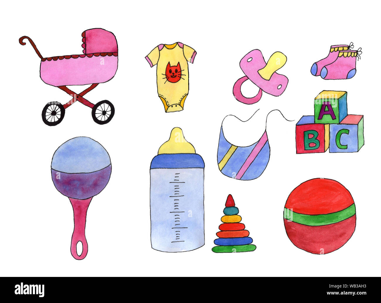 Ensemble De Choses Bebe Poussette Rose Jaune Body Mamelon Rose Rose Rose Et Bleu Chaussettes Hochet Bouteille Bleu Bleu Et Jaune Avec Bib Une Bande Rose Ro Photo Stock Alamy