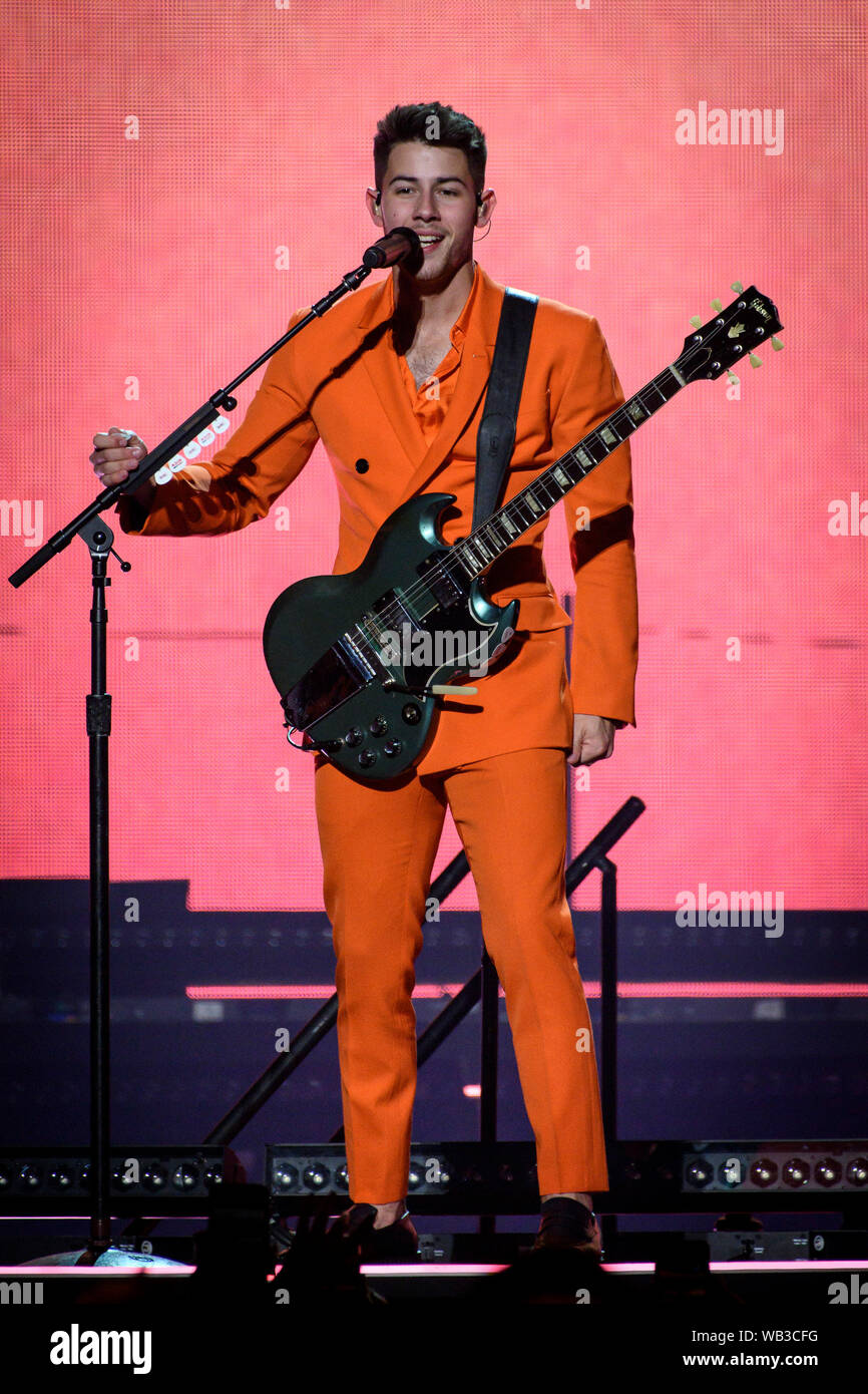 Toronto, Canada. Août 23, 2019. Nick Jonas des Jonas Brothers Boy band fonctionne à un spectacle à l'arena de la Banque Scotia à Toronto. Credit : SOPA/Alamy Images Limited Live News Banque D'Images
