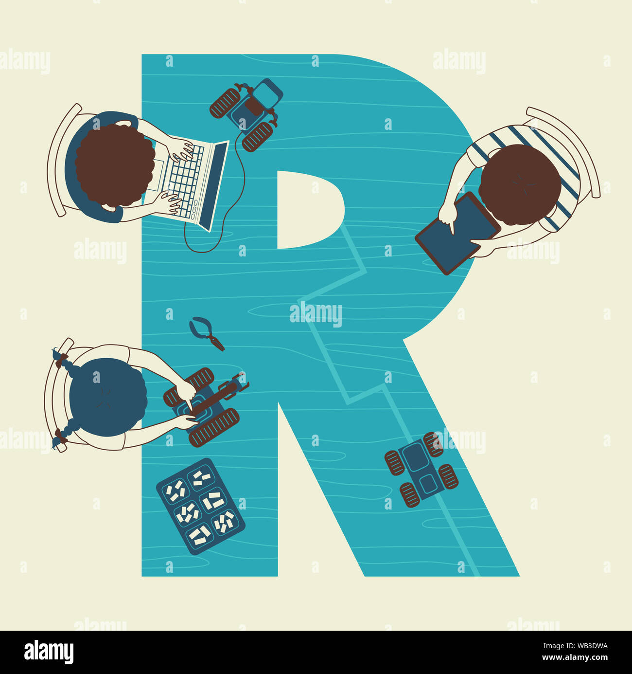 Illustration d'enfants l'apprentissage de la robotique sur une lettre à l'école Table R Banque D'Images