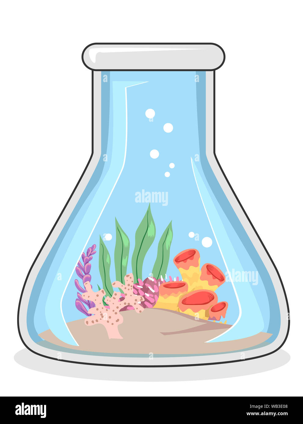 Illustration d'un flacon de laboratoire conique avec les coraux et l'eau de l'océan. L'océanographie biologique. Banque D'Images