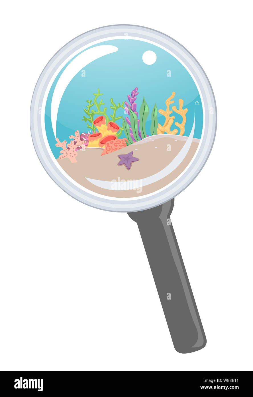Illustration d'une loupe montrant l'océan et les récifs sous-marins Banque D'Images