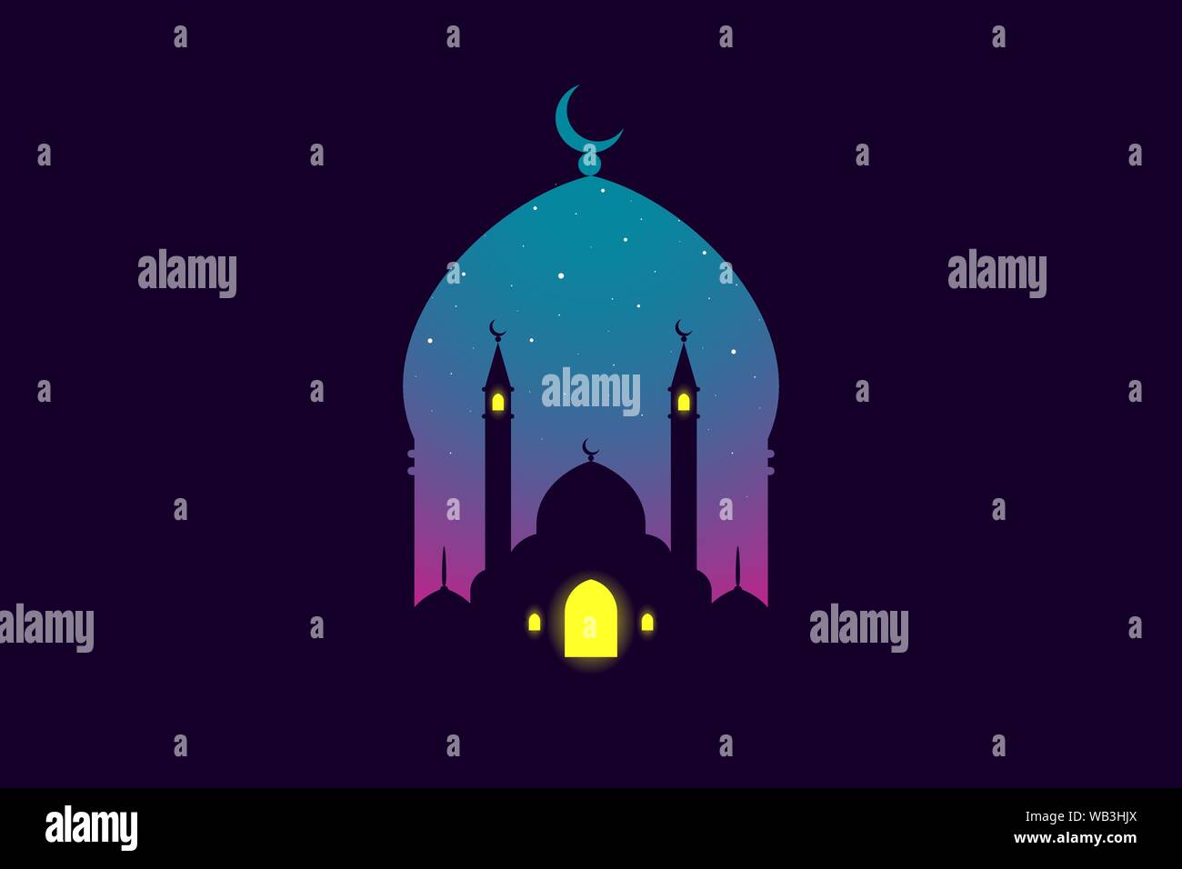 Silhouette de mosquée dans le ciel nocturne avec lune et lumière abstraite pour l'Islam. Festival Saint eid fond. Carte de vœux de Ramadan kareem avec mosquées. Illustation vectorielle arabe Illustration de Vecteur