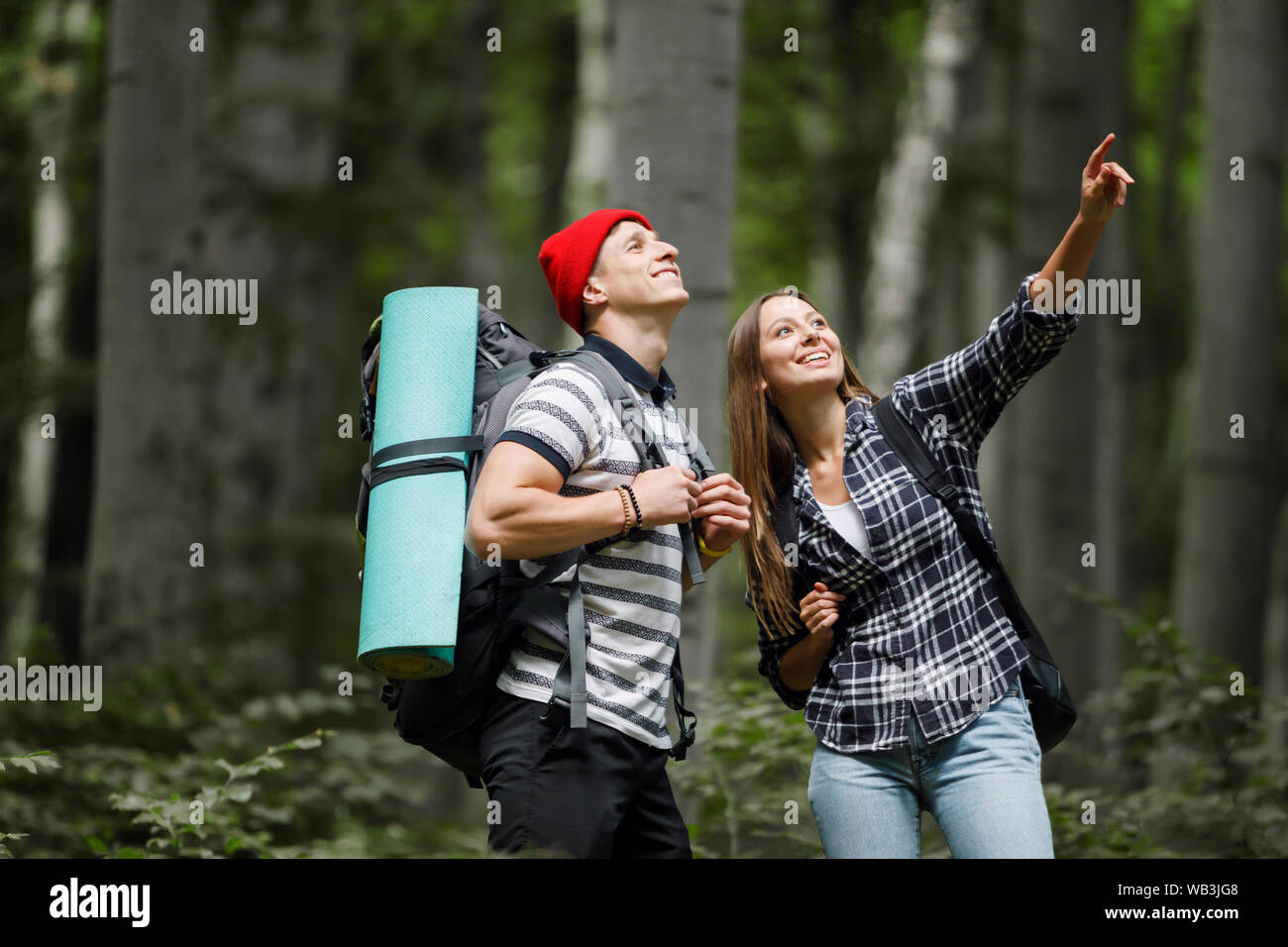 Couple ou amis naviguer ensemble tout en marchant à la forêt Banque D'Images