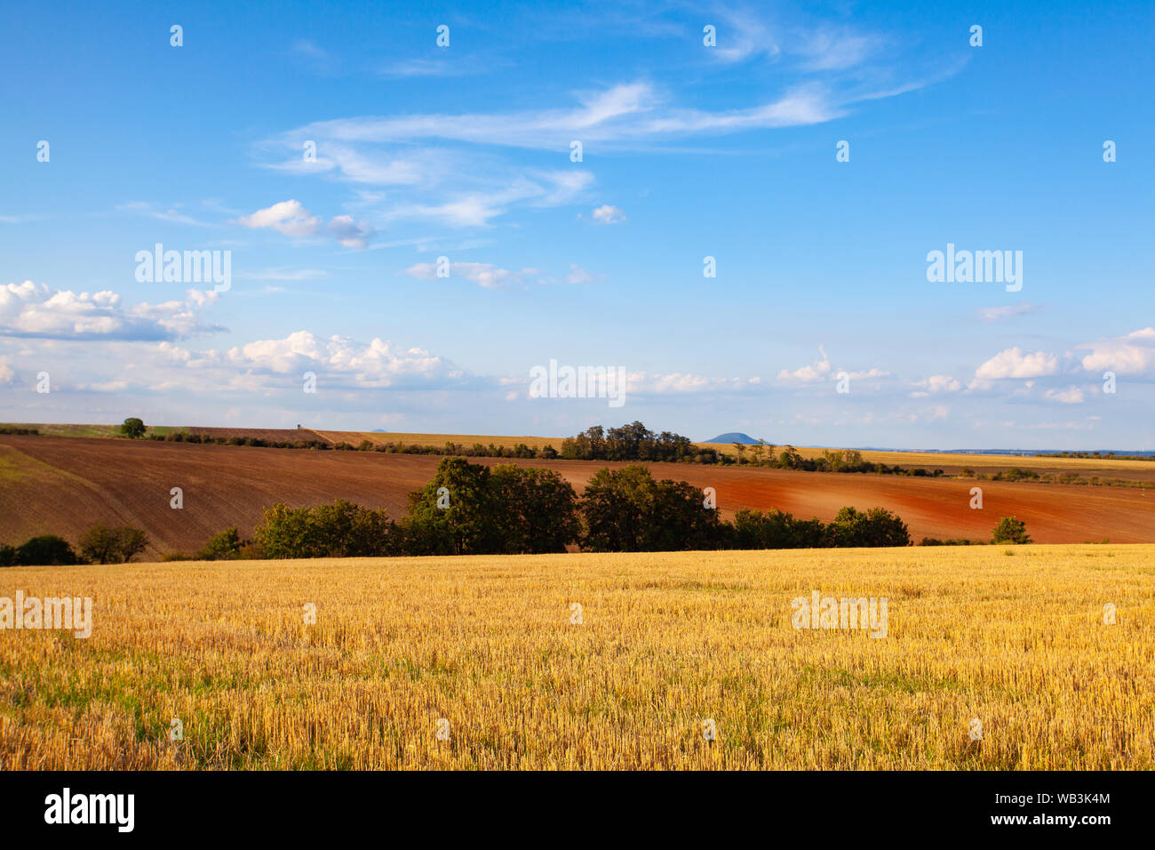 La célèbre montagne de Rip sur l'horizon. Le champ après la récolte en journée ensoleillée. Photo avec champ de blé fauché sous les jours ensoleillés. République tchèque Banque D'Images