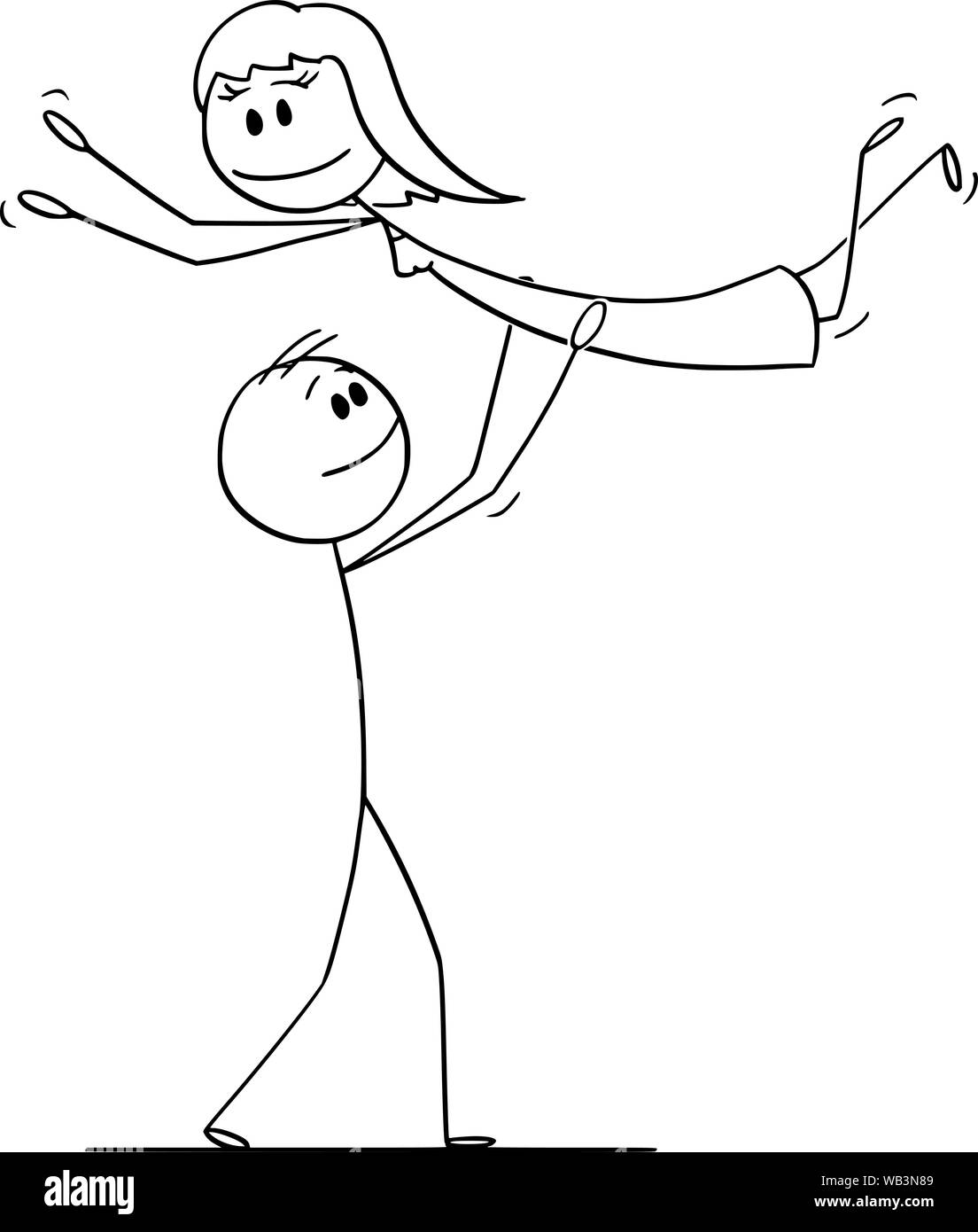 Vector cartoon stick figure dessin illustration conceptuelle du couple hétérosexuel de l'homme et de la femme d'effectuer la danse posent mécaniques pendant la danse. Illustration de Vecteur
