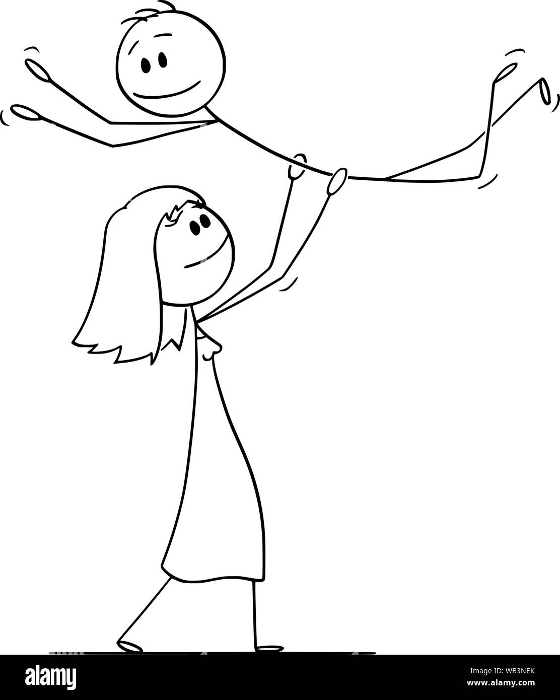 Vector cartoon stick figure dessin illustration conceptuelle du couple hétérosexuel de woman lifting homme tout en effectuant la danse posent mécaniques pendant la danse. Illustration de Vecteur