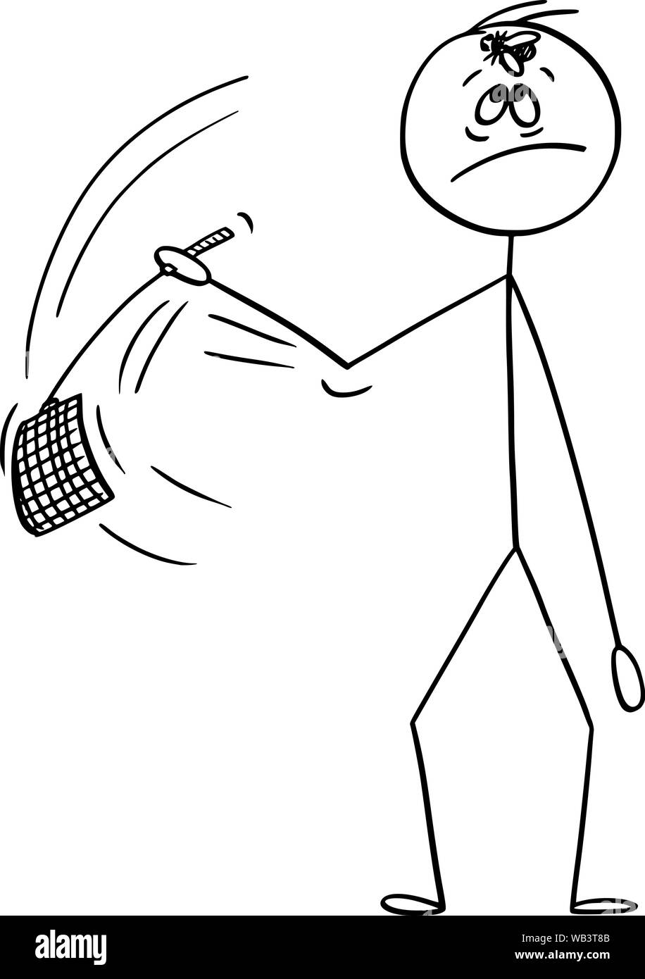 Vector cartoon stick figure dessin illustration conceptuelle de l'homme aller à la volée de swat assis sur le front avec hos, tapette à mouche ou rabat-trappe. Illustration de Vecteur