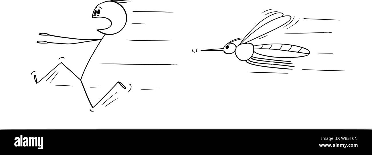 Vector cartoon stick figure dessin illustration conceptuelle de l'homme en fuite dans la peur des piqûres ou insecte. Illustration de Vecteur