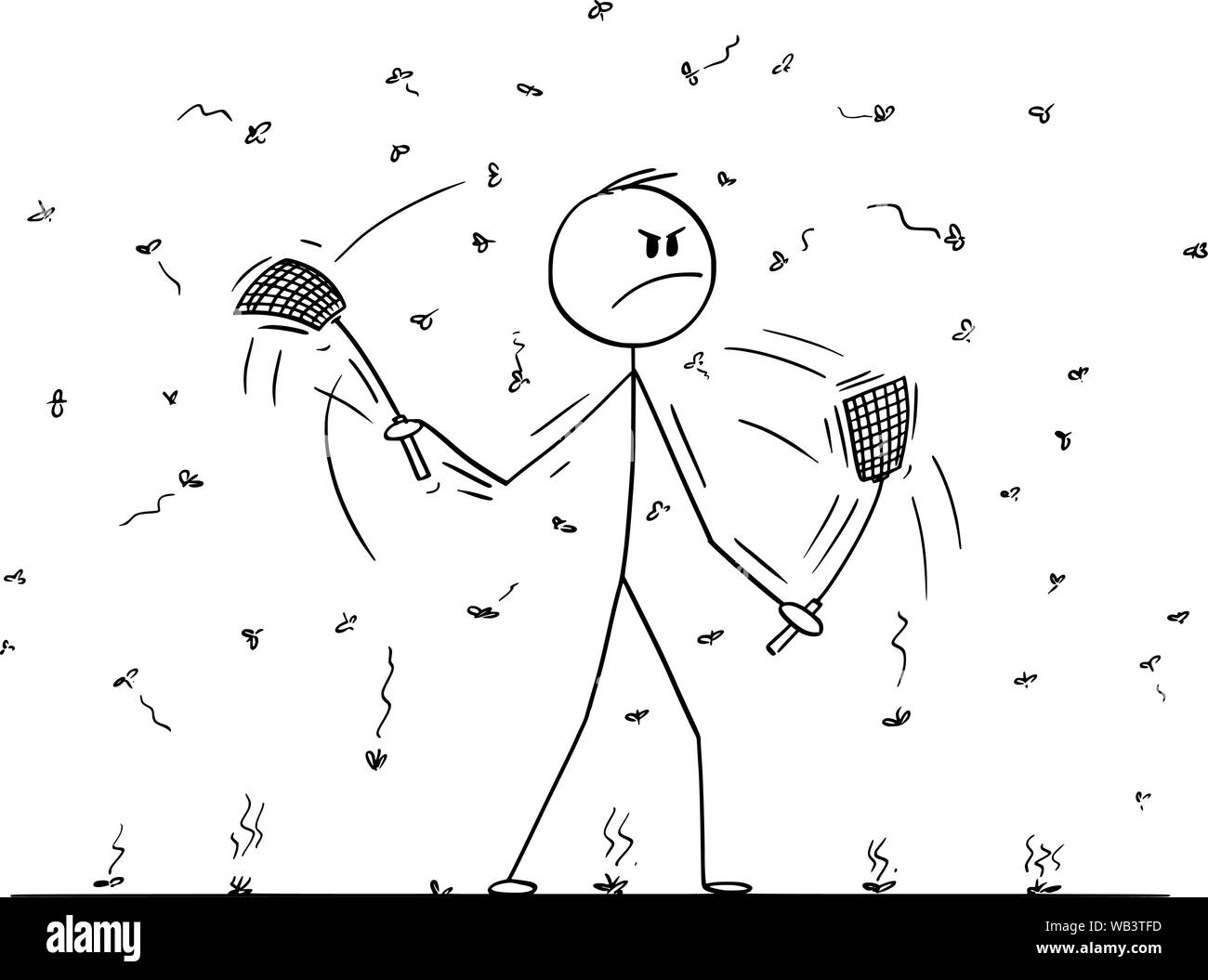 Vector cartoon stick figure dessin illustration conceptuelle de l'homme ou homme d'affaires avec swatters, cravaches ou fly-volets dans les deux mains tuant des Mouches, moustiques ou simplement voler autour de l'insecte. Illustration de Vecteur