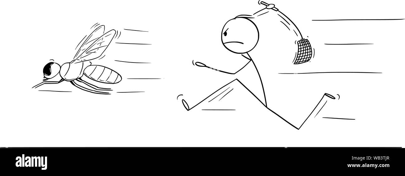 Vector cartoon stick figure dessin illustration conceptuelle de l'homme ou homme chassant big fly swatter avec rabat, rabat ou voler. Illustration de Vecteur