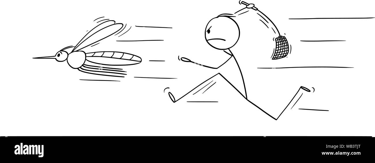 Vector cartoon stick figure dessin illustration conceptuelle de l'homme ou homme chasse moustique à grand rabat, tapette à mouche ou-trappe. Illustration de Vecteur