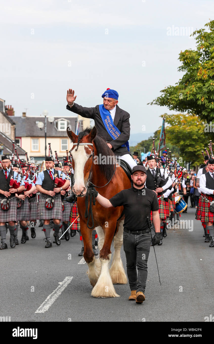 Irvine, au Royaume-Uni. 24 août 2019. Irvine Marymass Festival est un événement historique qui a commencé comme un spectacle équestre médiéval et est maintenant le plus grand festival à l'ouest de l'Écosse qui attire plus de 20 000 visiteurs par an. Cette fresque historique est organisée par "l'Irvine charretiers' Society" qui a été créé pour les entreprises et des fins de bienfaisance et trouve ses origines en 1753. Image de Willie GEDDES les Carter l'équitation APOLLO un hongre Clydesdale âgé de 13 ans.Credit : Findlay/Alamy Live News Banque D'Images