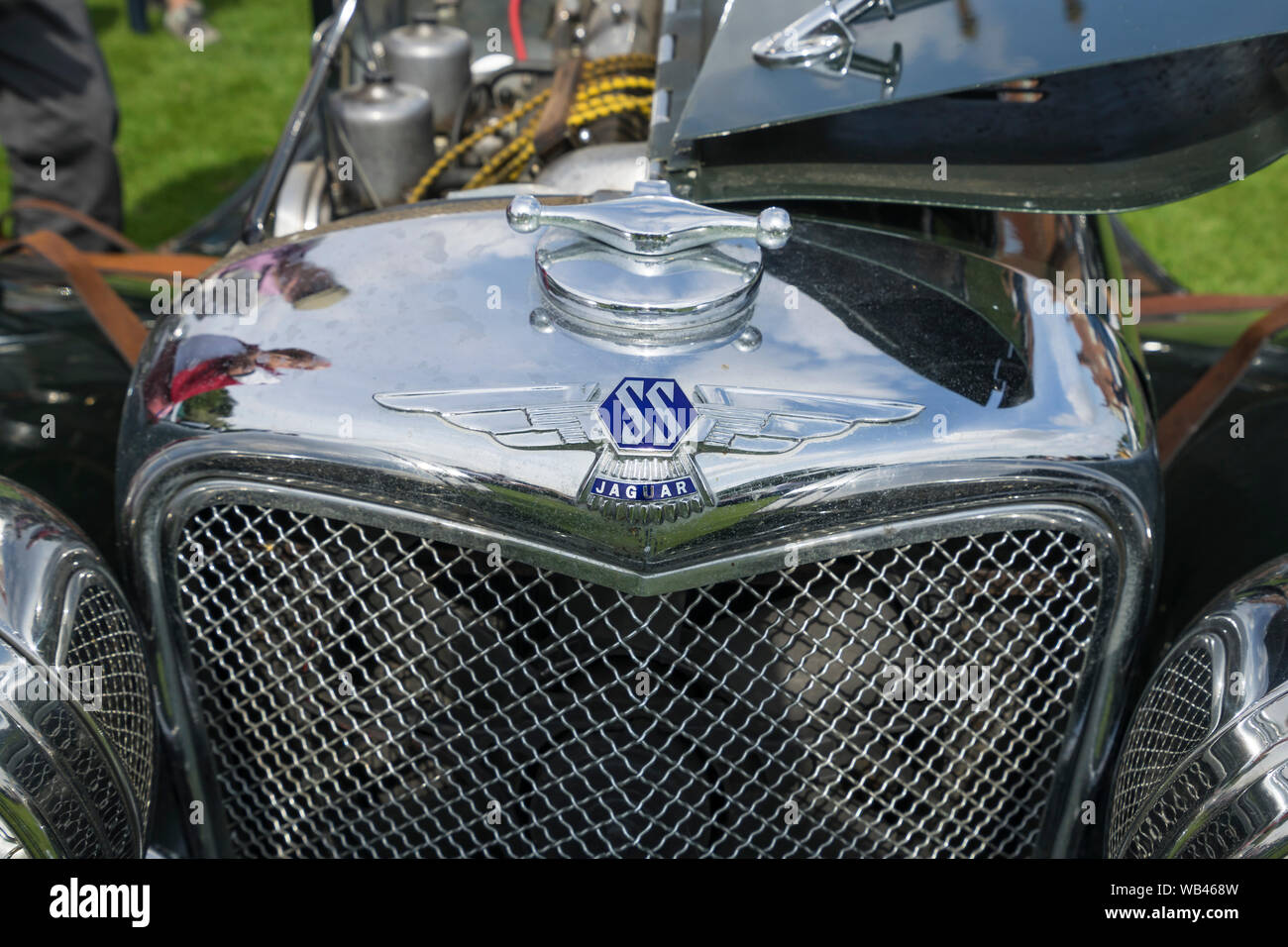 Badge de radiateur sur Jaguar SS Voiture de sport à l'Helmingham Festival of Classic & Sports Cars 2019 Banque D'Images
