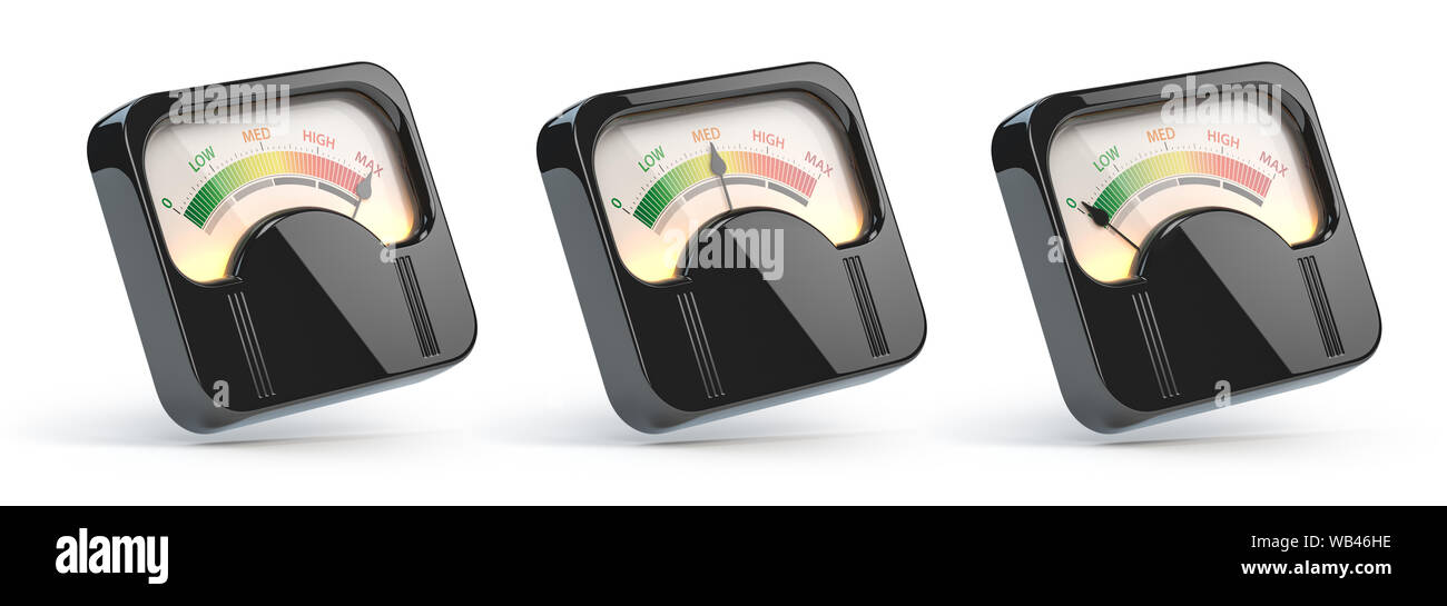 Indicateurs de niveau vintage, l'évaluation de la satisfaction client mètres avec différents niveaux du rouge au vert. 3d illustration Banque D'Images