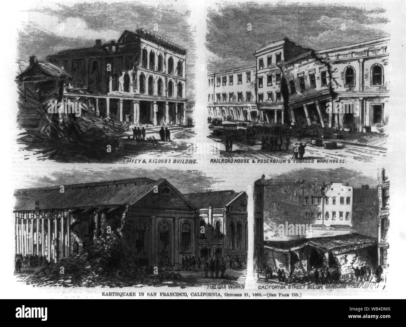 Tremblement de terre à San Francisco, Californie, le 21 octobre 1868 Abstract/moyenne : 1 tirage : la gravure sur bois. Banque D'Images
