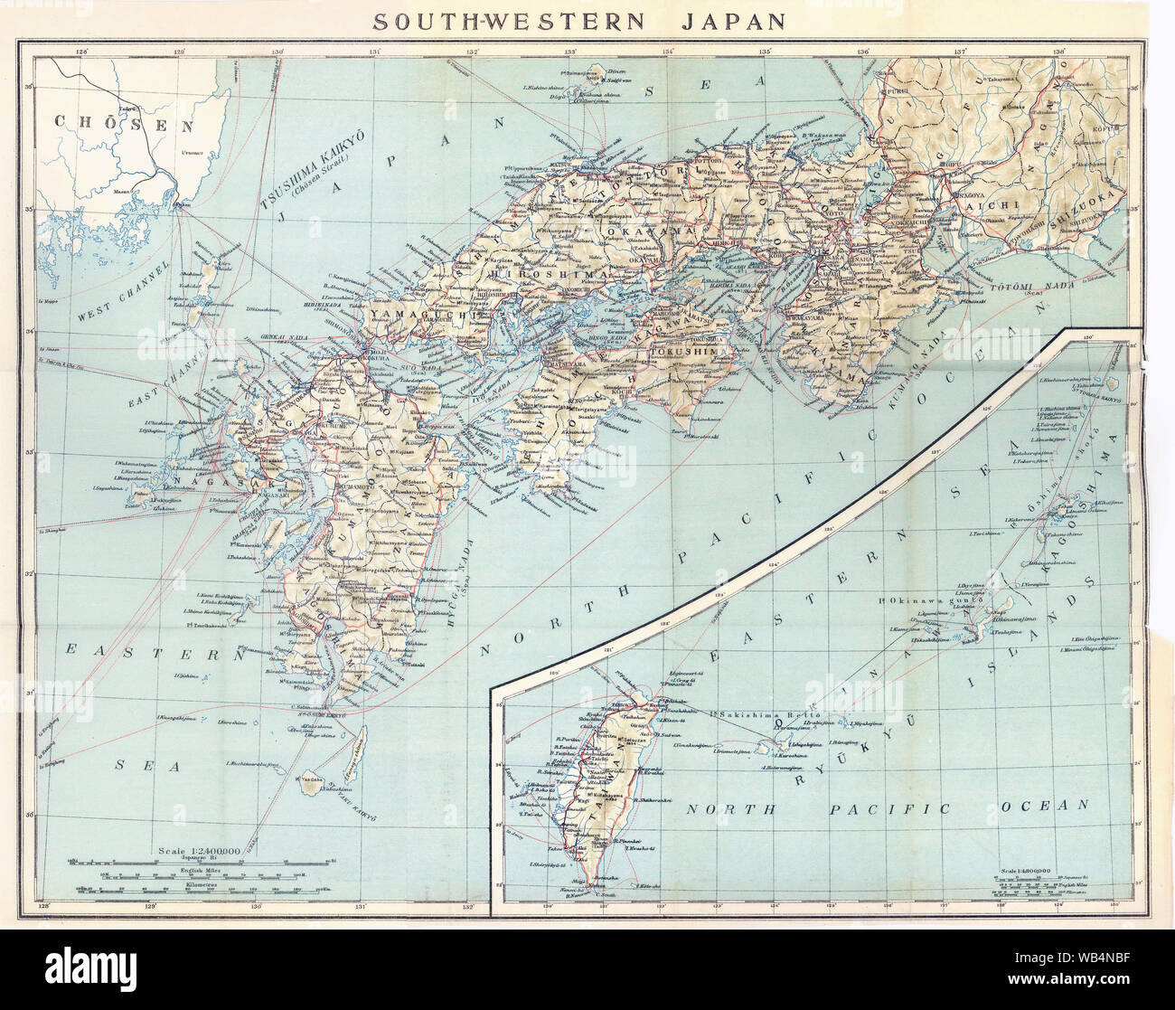 [ 1910 Japon - Carte du Japon, 1914 ] - Carte de Japon sud-ouest, y compris l'Okinawa et Taiwan à partir d'un Guide officiel d'Asie de l'est publié par le Gouvernement japonais impériale des chemins de fer, 1914. 20e siècle carte vintage. Banque D'Images