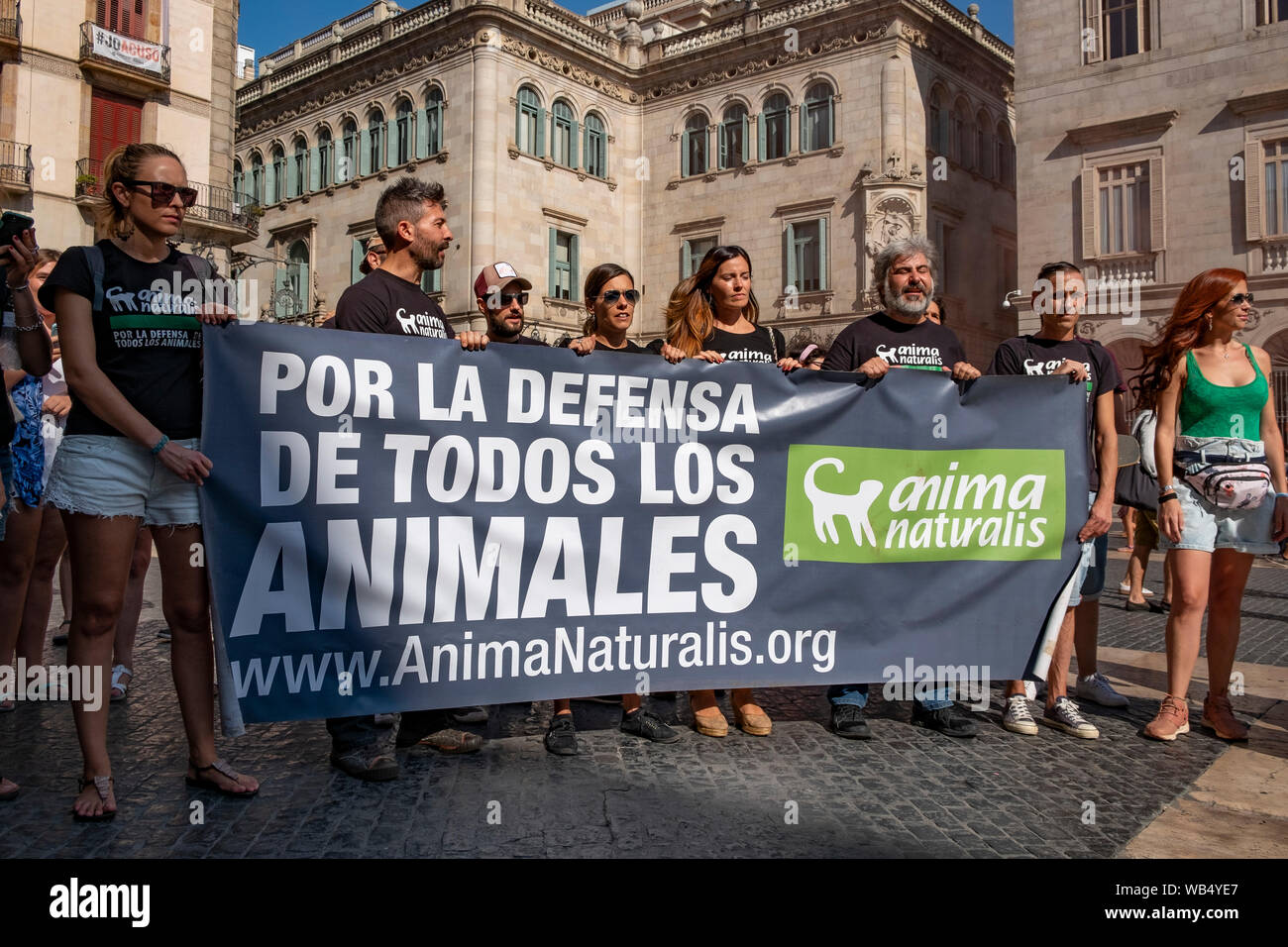 Les manifestants tenir une banderole sur la défense des animaux, à l'occasion de la manifestation.Environ 150 personnes qui appuient le véganisme ont protesté contre la construction de l'abattoir de porcs de macro dans la municipalité de Binéfar dans la communauté autonome d'Aragon, Espagne. La soi-disant plus grand abattoir fonctionne depuis juillet à Binéfar. Banque D'Images