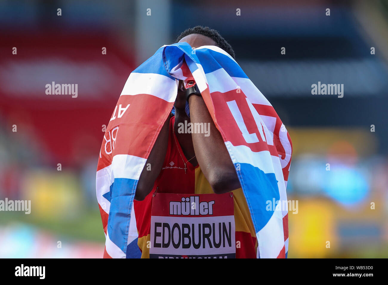 Birmingham, UK. Août 24, 2019. Ojie Edoburun remporte la mens's 100m au cours de l'anglais AthleticsChampionships Muller à l'Alexander Stadium, Birmingham, Angleterre le 24 août 2019. Photo par Jodi Casino. Usage éditorial uniquement, licence requise pour un usage commercial. Aucune utilisation de pari, de jeux ou d'un seul club/ligue/dvd publications. Credit : UK Sports Photos Ltd/Alamy Live News Banque D'Images