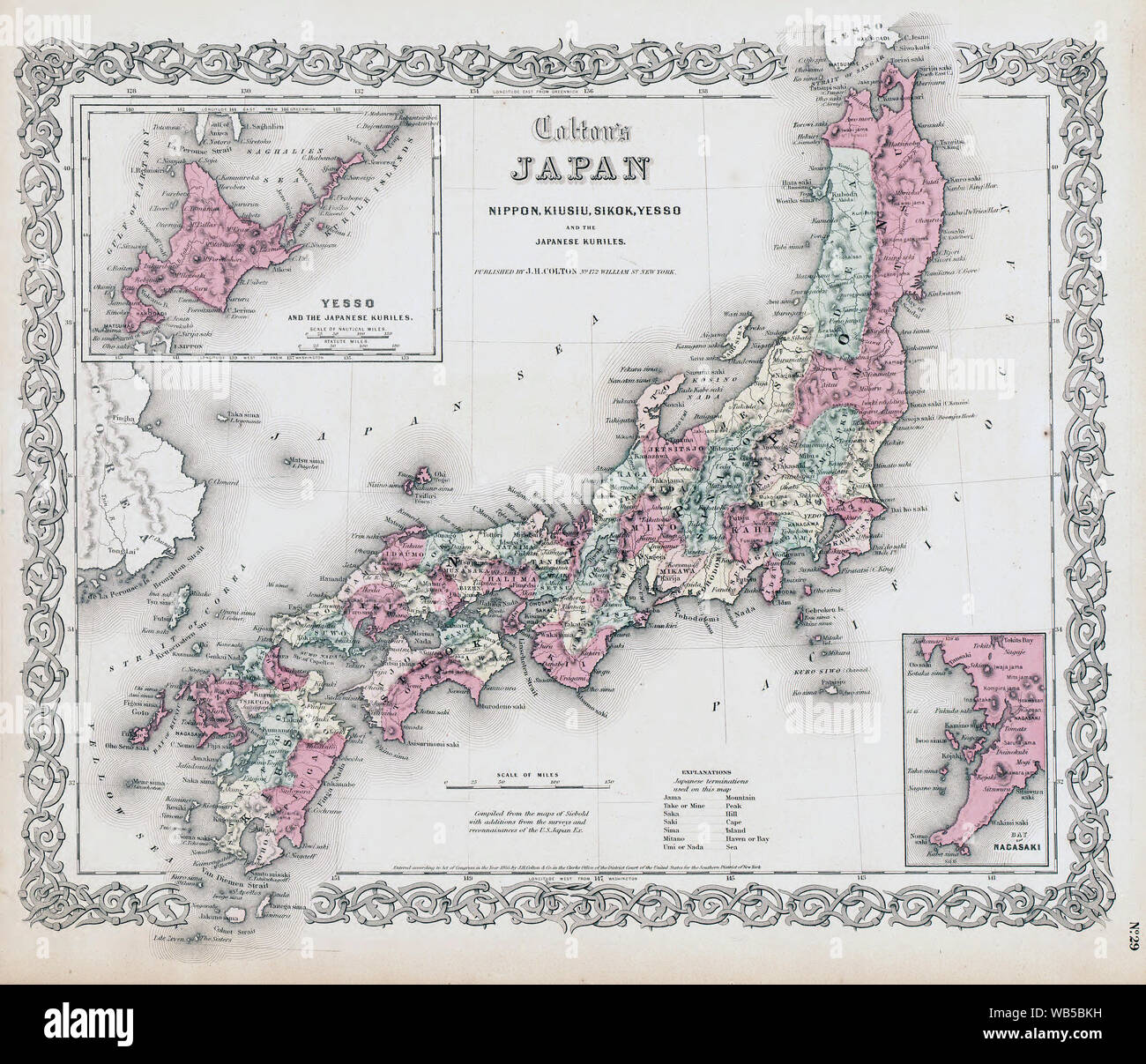 [ 1850 Japon - Carte du Japon, 1855 ] - Carte du Japon par G. Woolworth Colton datant de 1855. 'Nippon, Kiusiu, Sikok, oui et les Japonais Kouriles.' Les EISN : 'Oui et le Koriles japonais--Baie de Nagasaki." ca à l'échelle d'origine. 1:4 118 000, 29 x 36 cm. 19e siècle carte vintage. Banque D'Images
