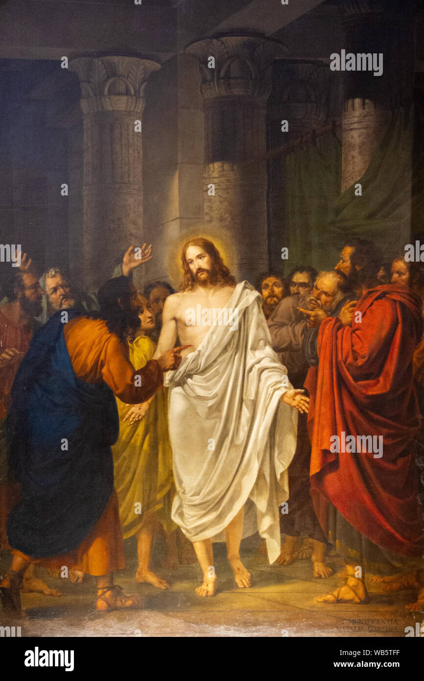 La peinture de Jésus Christ ressuscité est apparu avec l'apôtre Thomas et les autres apôtres par Sebastiano Santi dans 'Chiesa dei Santi Apostoli' church. Banque D'Images