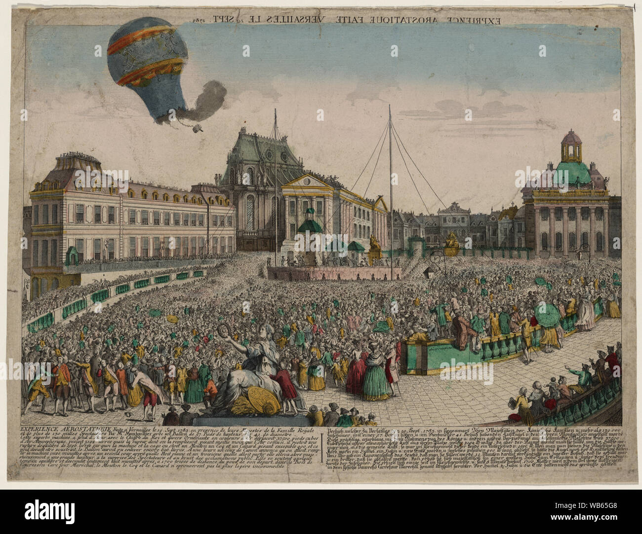 Exp[é]rience a[ë]rostatique faite Versailles le 19 sept. 1783 - Vue d'optique montre le ballon lancé par les frères Montgolfier, qui montait du côté du Palais de Versailles, France, avant la famille royale, le 19 septembre 1783. Un mouton, un canard et un coq sont les seuls passagers à bord du premier vol en ballon. Banque D'Images