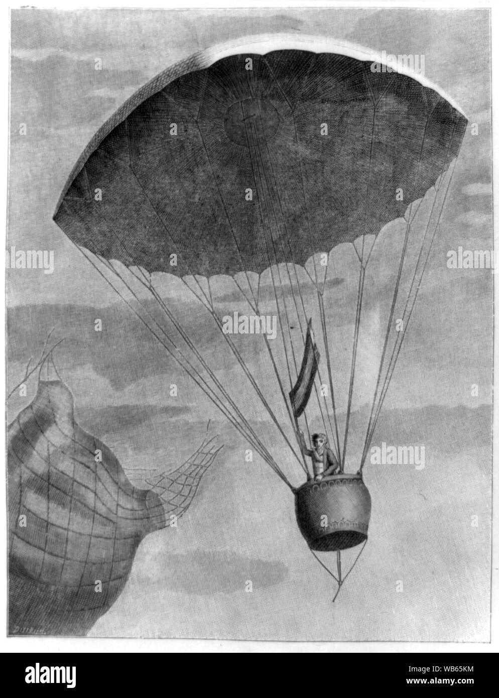 Expérience du parachûte. Le 1er Brumaire un 6 (22 octobre 1797. v.f.) à 5h. 28m. du soir, le citoyen Garnerin, s'éleva à ballon perdu au Parc de Monceau ... ; impression montre André Jacques Garnerin, premier homme à descendre dans un parachute, debout dans la gondole de son parachute qui agitait un drapeau français après la libération de son ballon (ci-contre). Son ballon était monté du Parc Monceau à Paris, le 22 octobre 1797. (Source : P.G. Renstrom, LC Personnel, 1981-1982.) Banque D'Images