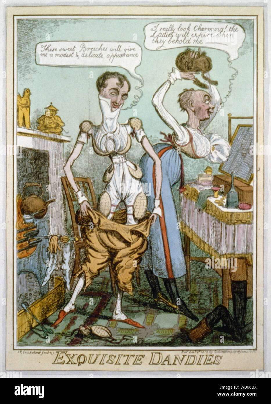 Dandys exquis Résumé : Caricature de 2 hommes de la Régence s'habiller en costumes femme absurde. Banque D'Images