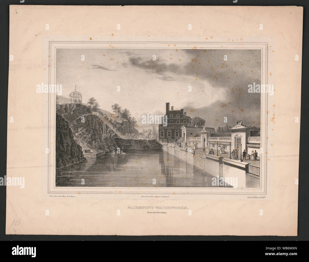 Fairmount waterworks. Du bassin d'admission / de la nature et sur la pierre G. Lehman ; Lehman & Duval Lithy. Abstract/moyenne : 1 gravure : lithographie, chine collé ; 30,4 x 39,1 cm la feuille. Banque D'Images