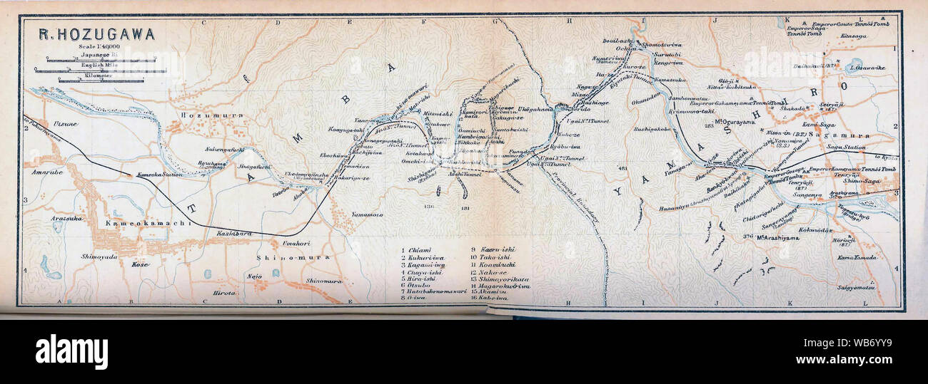 [ 1910 Japon - Site de la rivière Hozugawa à Kyoto, 1914 ] - Carte de la rivière Hozugawa, y compris Kameoka et de Arashiyama Un Guide officiel de l'Asie de l'est publié par le Gouvernement japonais impériale des chemins de fer, 1914. 20e siècle carte vintage. Banque D'Images