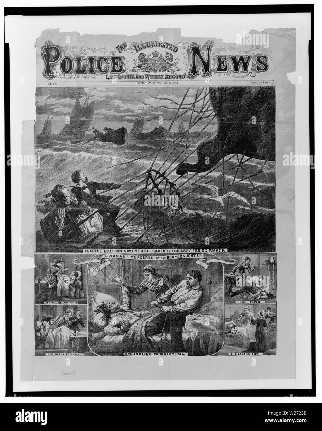 Peur de l'aventure en montgolfière- sauvé par une pêche Grimsby smack ; Première page de journal illustré britannique montre deux histoires. Au-dessus, un homme et femme (éventuellement balloonist Jules Duruof et son épouse) s'accrocher à un ballon panier dans une mer agitée, avec l'approche du bateau de sauvetage. Ci-dessous, cinq vignettes, chacune séparément sous-titrées, décrivent un étranglement de la mère par ses enfants adultes. Banque D'Images Peur de l'aventure en montgolfière- sauvé par une pêche Grimsby smack ; Première page de journal illustré britannique montre deux histoires. Au-dessus, un homme et femme (éventuellement balloonist Jules Duruof et son épouse) s'accrocher à un ballon panier dans une mer agitée, avec l'approche du bateau de sauvetage. Ci-dessous, cinq vignettes, chacune séparément sous-titrées, décrivent un étranglement de la mère par ses enfants adultes. Banque D'Images
