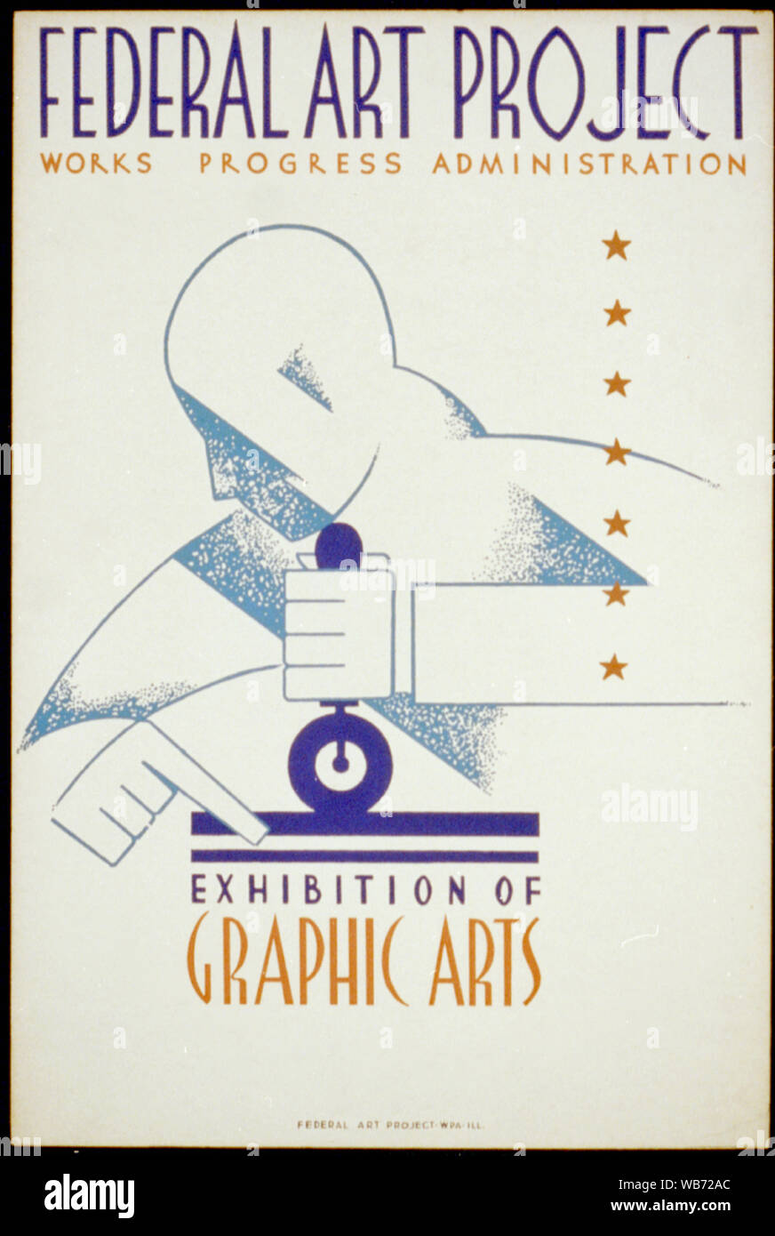 Projet d'art fédéral Works Progress Administration exposition d'arts graphiques Résumé : pour l'affiche de l'exposition du projet d'art fédéral arts graphiques, montrant un homme d'une plaque d'encrage avec un rouleau. Banque D'Images