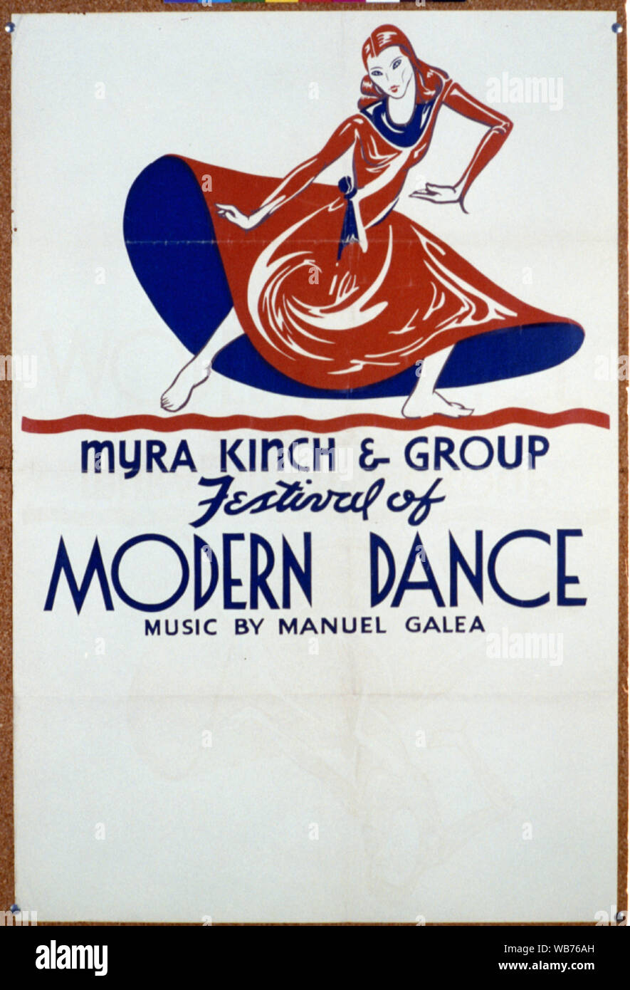 Festival de danse moderne - Myra Kinch et groupe Résumé : pour l'affiche de présentation du projet théâtre fédéral de Myra Kinch et groupe dans un concert de danse moderne avec de la musique par Manuel Galea, montrant une danseuse jetant sa jupe large. Banque D'Images