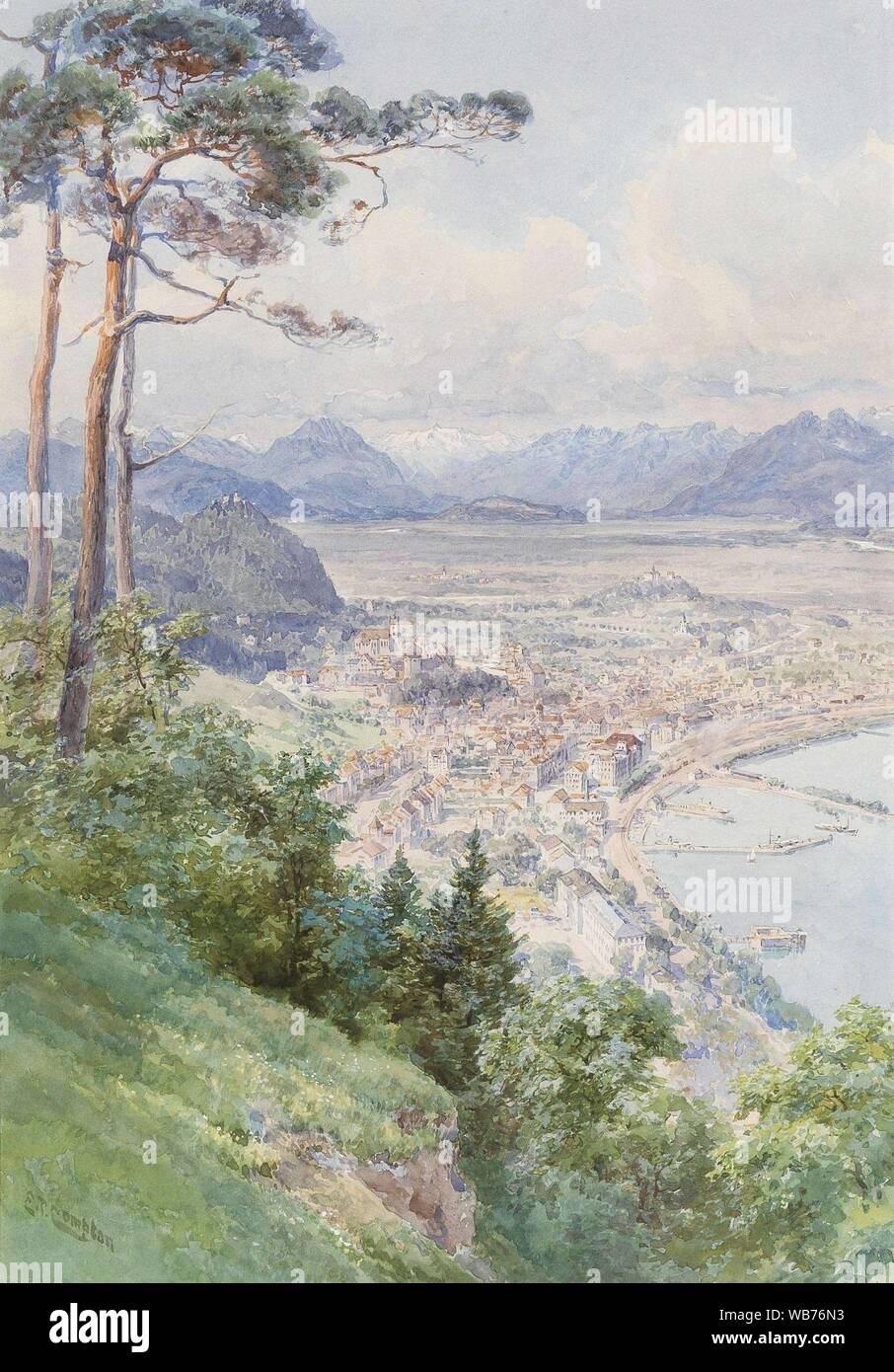 Edward Theodore Compton - vue de Bregenz et le lac Bodensee. Banque D'Images