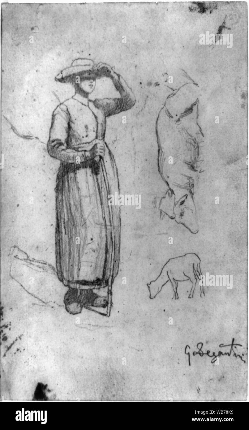 La figure d'une femme, et des croquis de deux vaches ou brebis] / G. Segantini Abstract/moyenne : 1 dessin : graphite ; 19 x 12,5 cm. Banque D'Images
