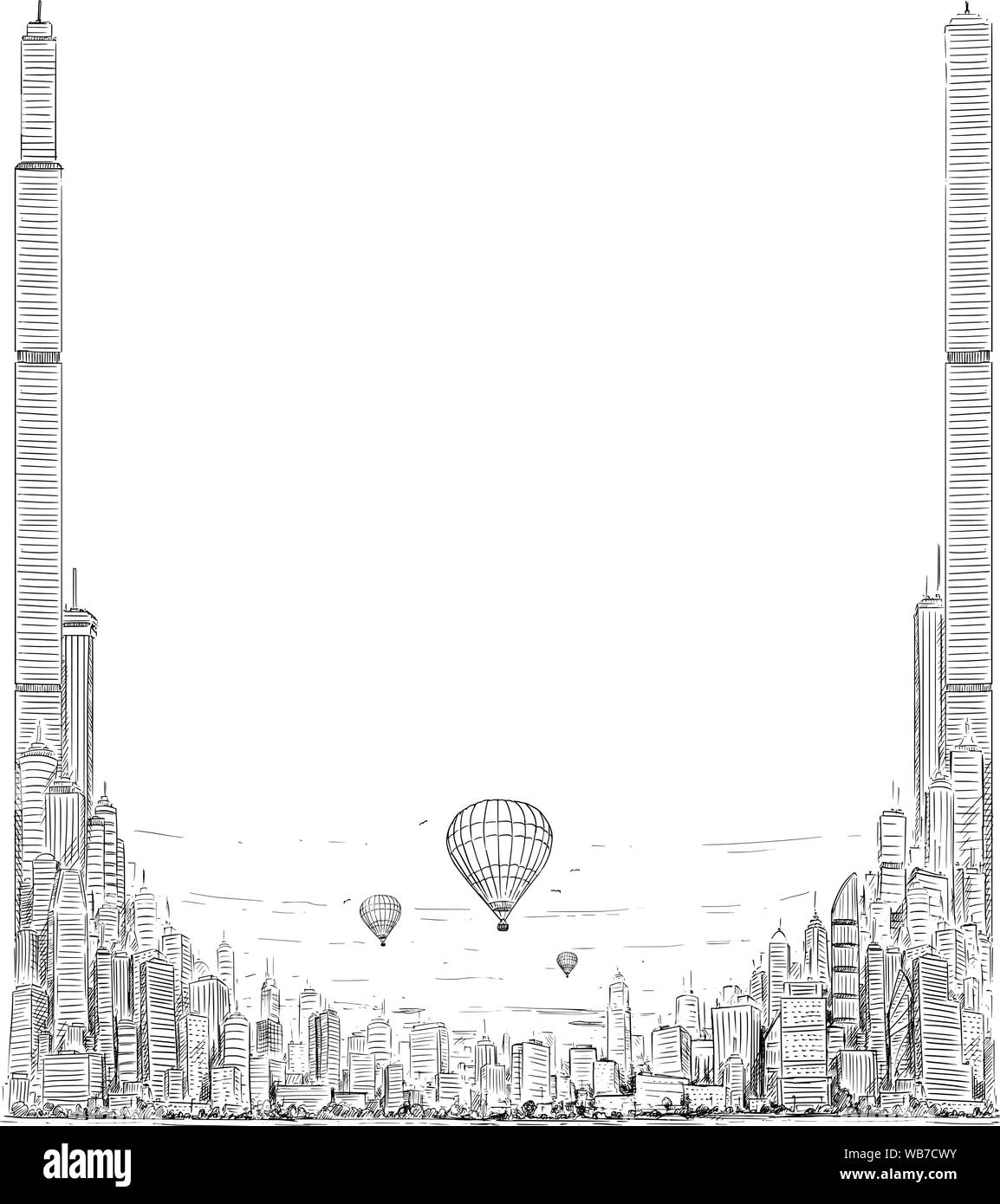 Modèle vectoriel avec vagues artistiques dessin, plume et encre illustration de grande hauteur de la ville générique paysage paysage urbain avec bâtiments gratte-ciel et les ballons à air chaud. Illustration de Vecteur