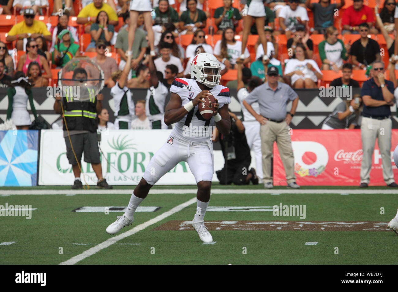 Honolulu, Hawaii. 24 août, 2019. Arizona Wildcats quarterback Khalil Tate # 14 pendant le jeu entre l'Hawaii Rainbow Warriors et les Wildcats de l'Arizona à l'Aloha Stadium d'Honolulu, HI - Michael Sullivan/CSM Crédit : Cal Sport Media/Alamy Live News Banque D'Images