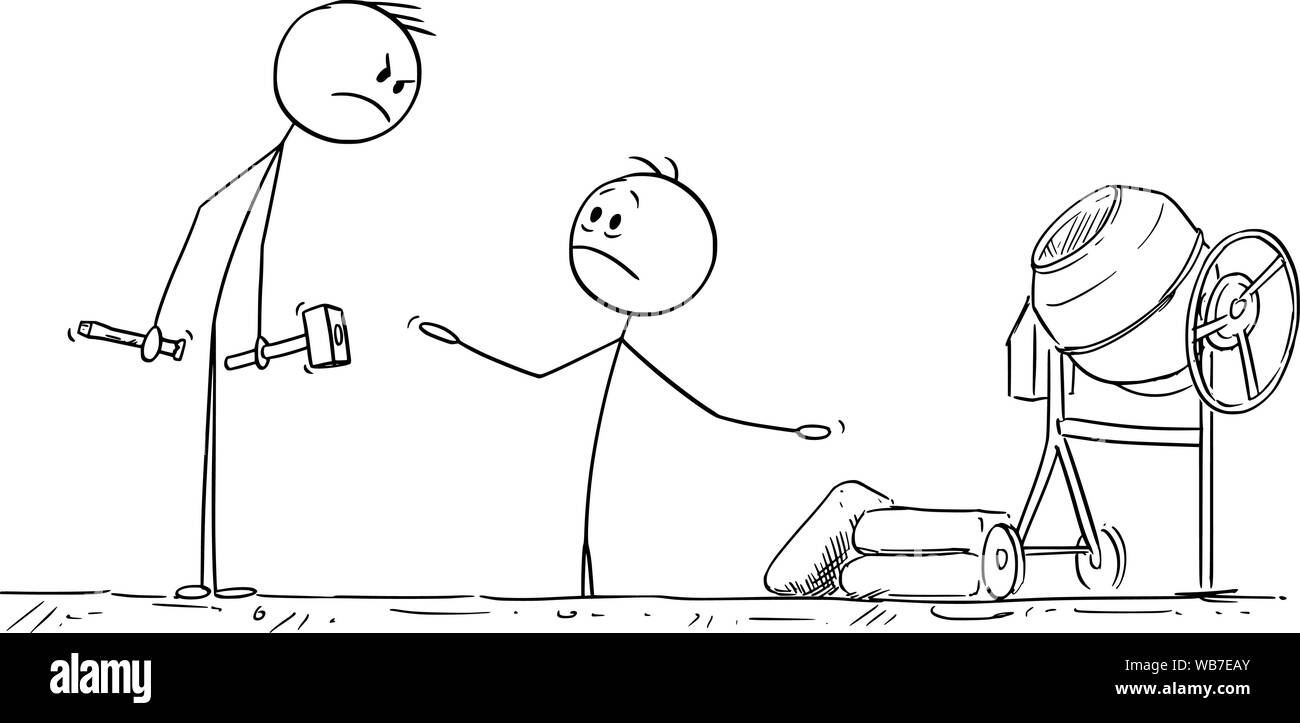 Vector cartoon stick figure dessin illustration conceptuelle de l'homme qui se coincent dans le béton, et en colère constructeur qui va lui couper avec le marteau et le ciseau ou renforcer. Illustration de Vecteur
