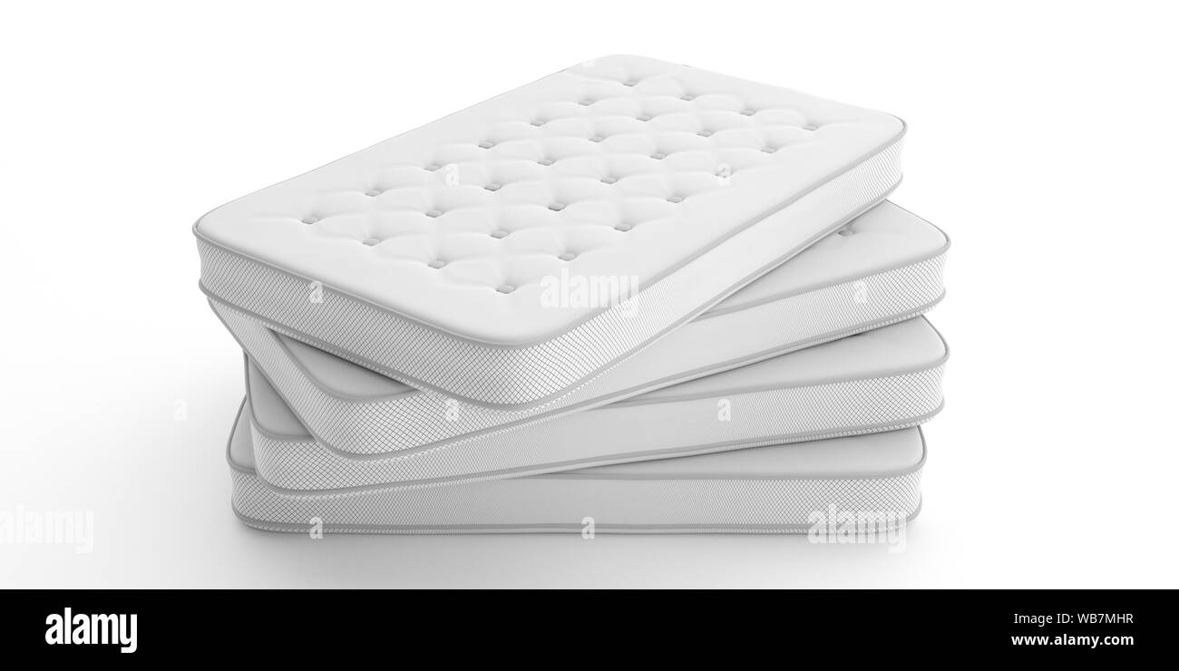 Pile de matelas isolé sur fond blanc. 3d illustration. Bon confort de sommeil, rêves Banque D'Images