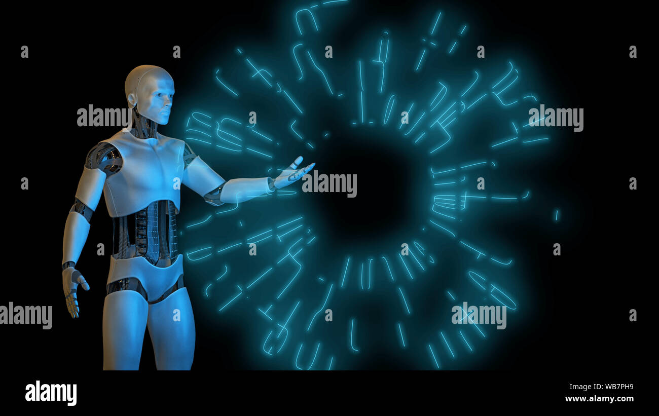 Robot avec hologramme, android masculins travaillant sur une interface rougeoyant futuriste (sci-fi 3d illustration) Banque D'Images