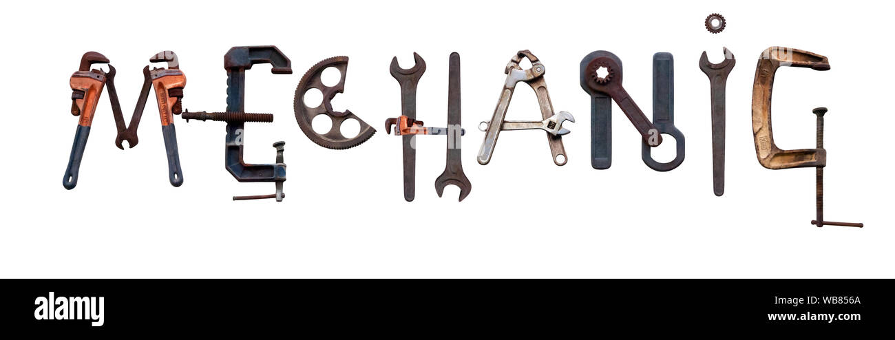 Lettres représentant le signe de mécanicien, fait de l'ancien, vintage, clés, pinces, roues, vice grip Banque D'Images