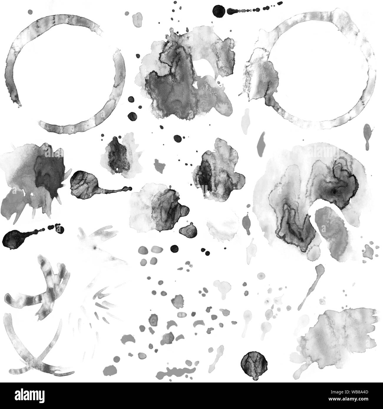 Ensemble d'aquarelle gris image isolée de cercles de café et de thé plus libre avec blot et spray Banque D'Images