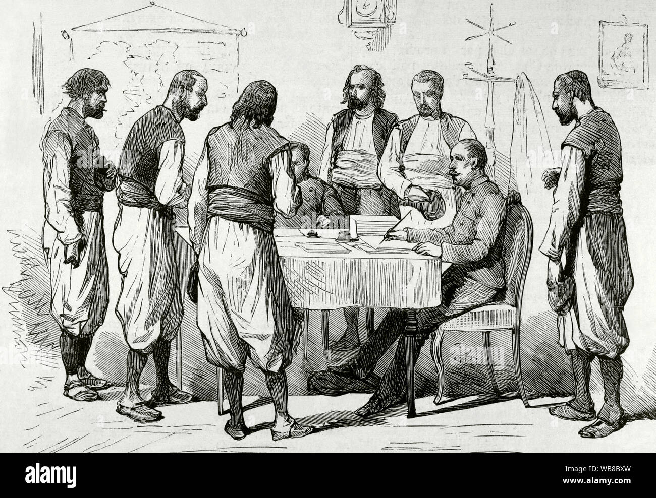 La question de l'Est. Serbian-Turkish Wars (1876-1878). La Serbie déclare la guerre à l'Empire ottoman le 30 juin 1876. Belgrado. Recrutement de volontaires serbes. La gravure. La Ilustracion Española y Americana, le 15 août 1876. Banque D'Images