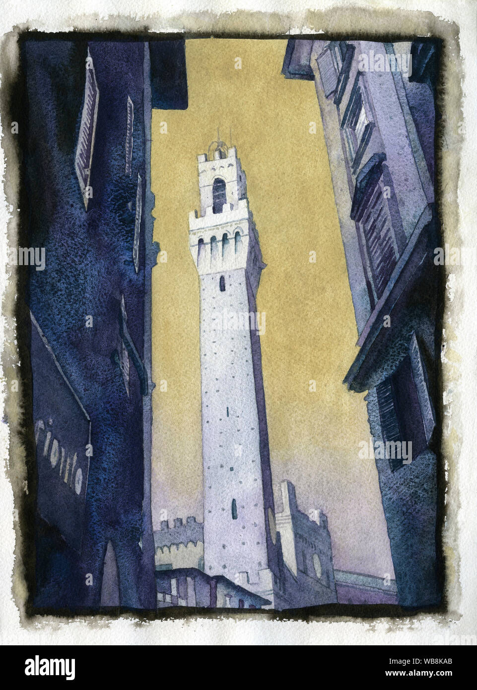 La Piazza del Campo dans la ville médiévale de Sienne, Italie. L'aquarelle de la tour de Mangia dans le Pubblico Palace à Sienne. Banque D'Images