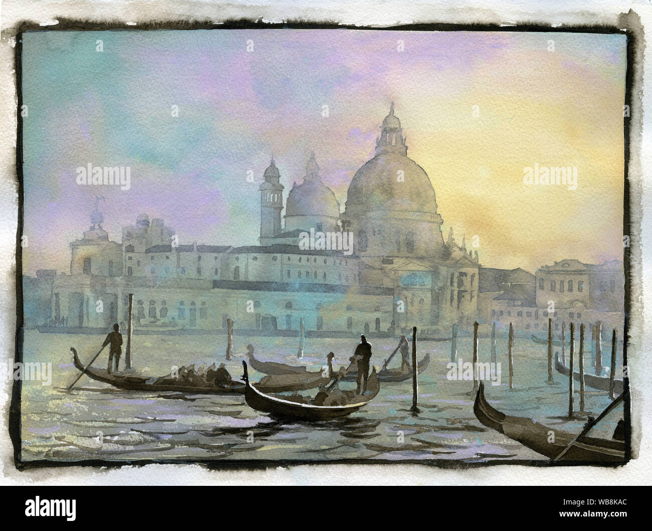 Basilica di Santa Maria à Venise, Italie. L'aquarelle de Venise Italie art fine art Painting Home Decor gondoles de Venise Banque D'Images