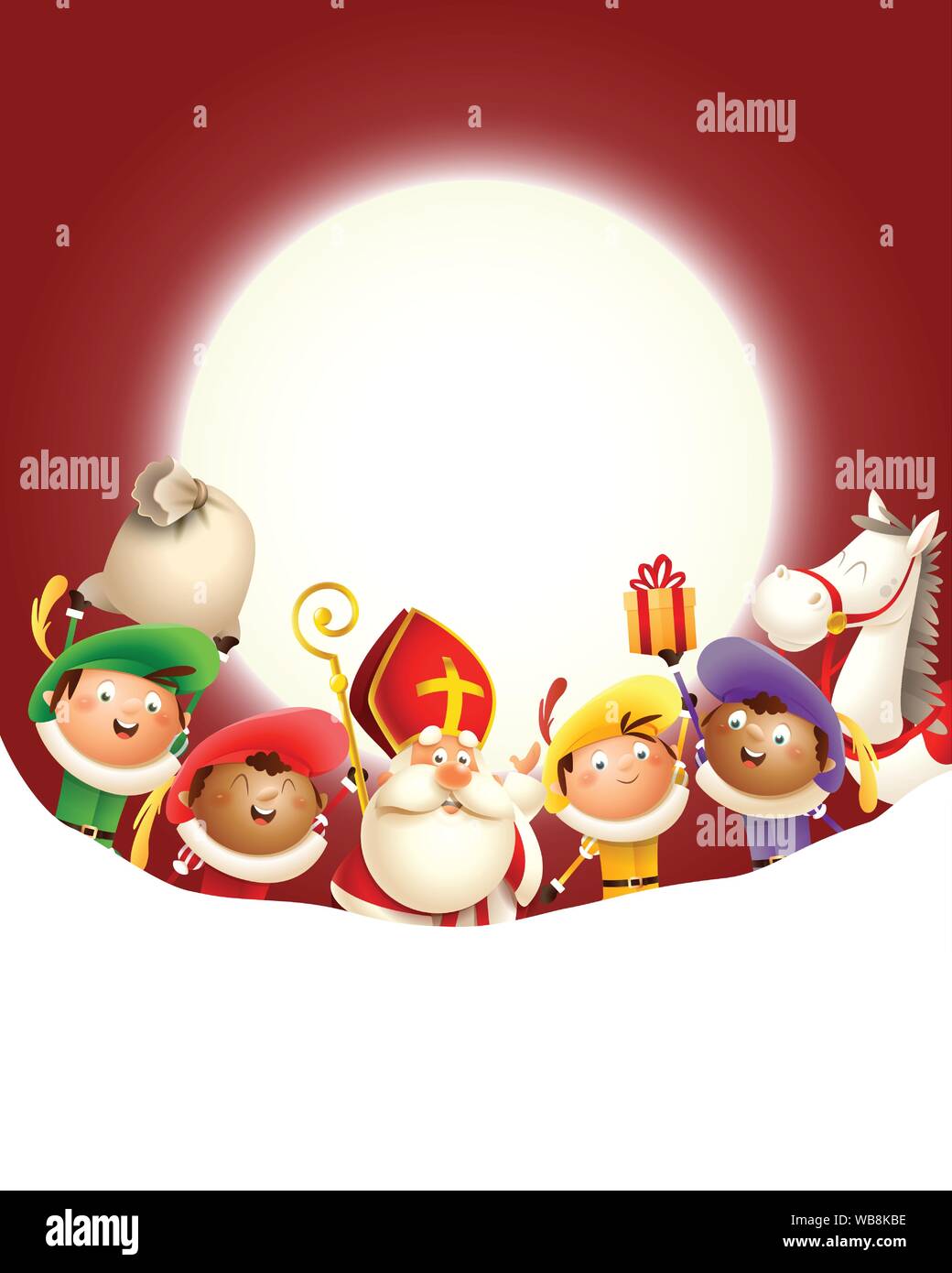 E Saint Nicolas et ses amis de célébrer en face de lune - Fond rouge Illustration de Vecteur E Saint Nicolas et ses amis de célébrer en face de lune - Fond rouge Illustration de Vecteur