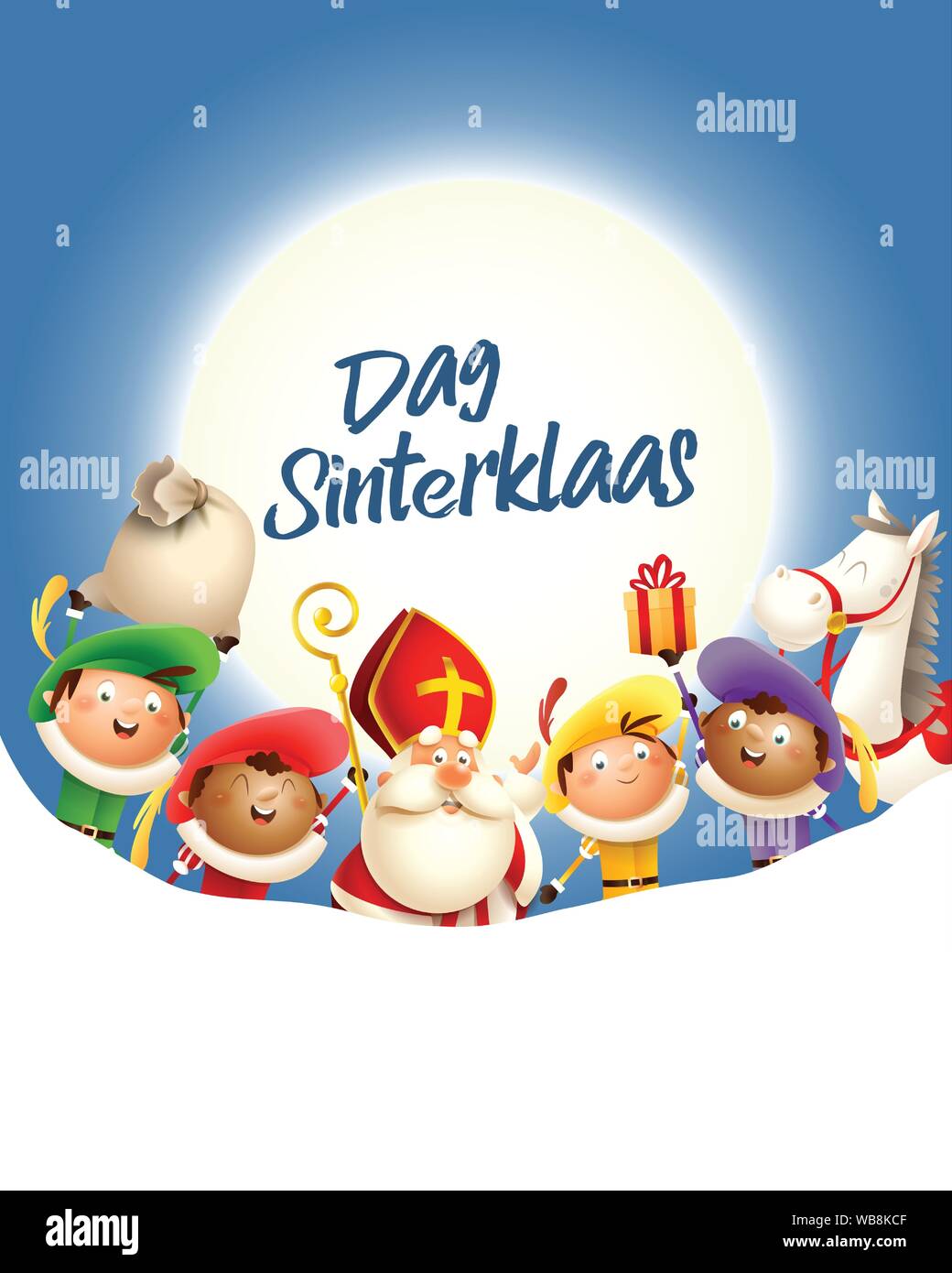 Saint Nicolas et ses amis de célébrer en face de lune - Dag texte Sinterklaas - Fond bleu avec copie espace Illustration de Vecteur Saint Nicolas et ses amis de célébrer en face de lune - Dag texte Sinterklaas - Fond bleu avec copie espace Illustration de Vecteur