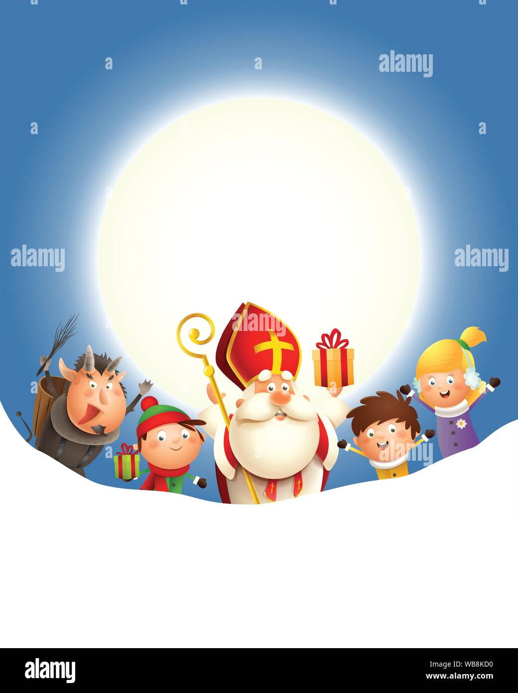 Krampus Saint-nicolas et les enfants font la fête vacances en face de lune - Fond bleu avec copie espace Illustration de Vecteur Krampus Saint-nicolas et les enfants font la fête vacances en face de lune - Fond bleu avec copie espace Illustration de Vecteur
