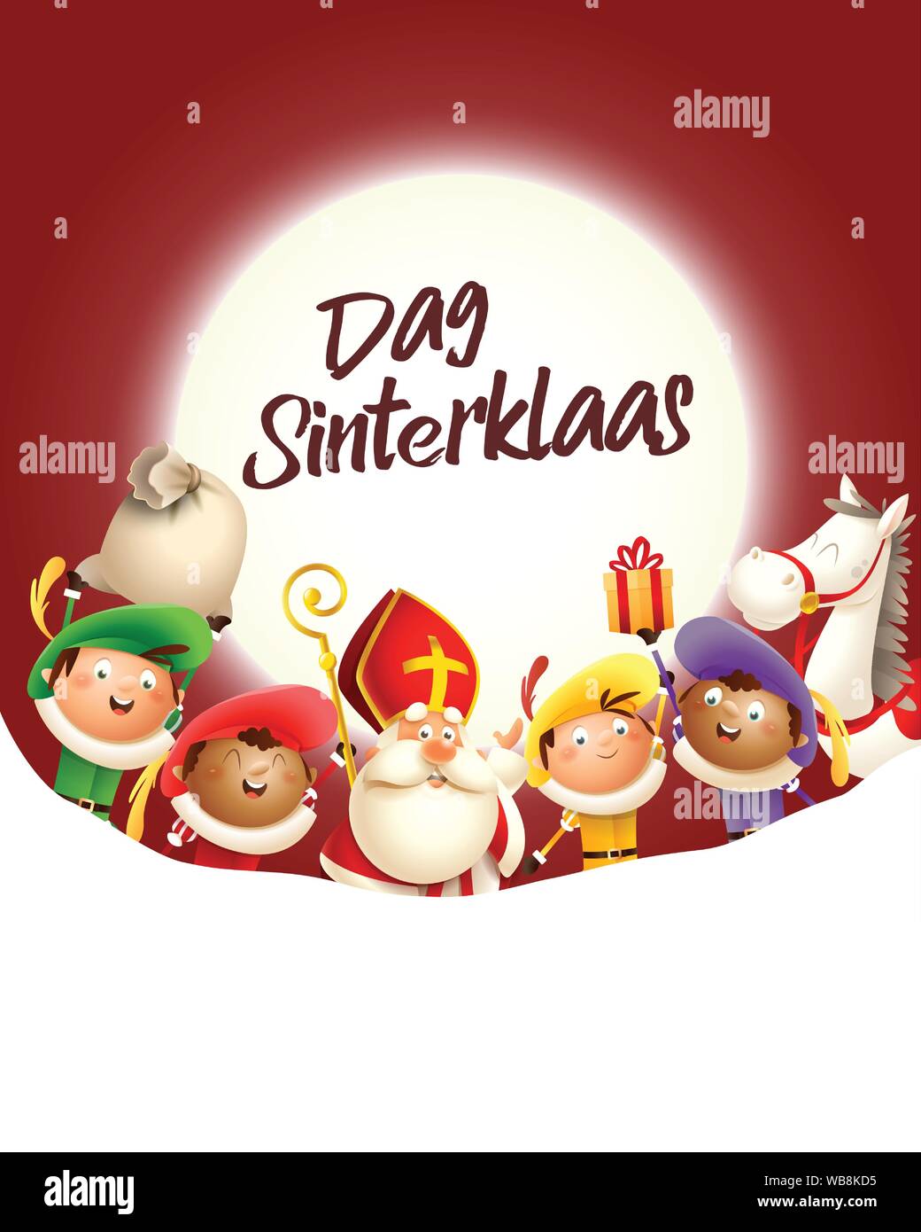Saint Nicolas et ses amis de célébrer en face de lune - Dag texte Sinterklaas - Fond rouge avec copie espace Illustration de Vecteur Saint Nicolas et ses amis de célébrer en face de lune - Dag texte Sinterklaas - Fond rouge avec copie espace Illustration de Vecteur