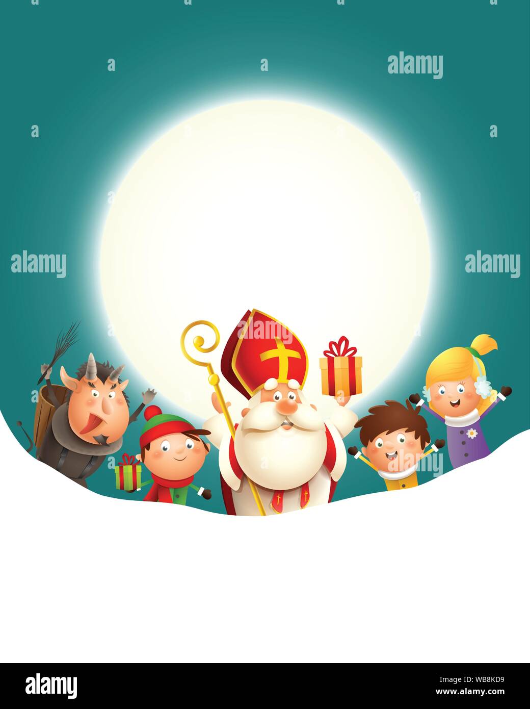 Krampus Saint-nicolas et les enfants font la fête vacances en face de lune - fond bleu turquoise with copy space Illustration de Vecteur Krampus Saint-nicolas et les enfants font la fête vacances en face de lune - fond bleu turquoise with copy space Illustration de Vecteur